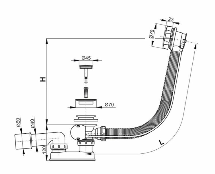Сифон для ванны автомат Alcaplast, комплект металл/металл длина 100 см A55K-100